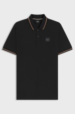 Equestrian stretch-cotton polo shirt with logo patch, Black