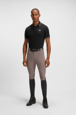 Equestrian stretch-cotton polo shirt with logo patch, Black