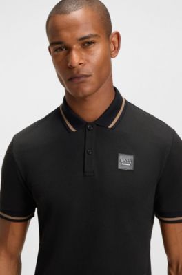Equestrian stretch-cotton polo shirt with logo patch, Black