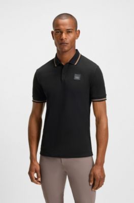 Equestrian stretch-cotton polo shirt with logo patch, Black