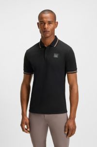 Equestrian stretch-cotton polo shirt with logo patch, Black
