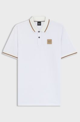 Equestrian stretch-cotton polo shirt with logo patch, White