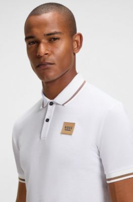Equestrian stretch-cotton polo shirt with logo patch, White