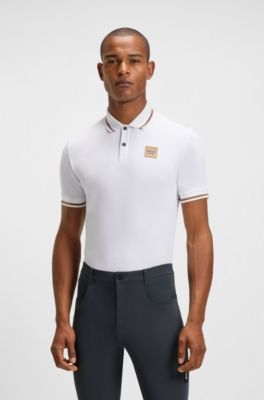 Equestrian stretch-cotton polo shirt with logo patch, White
