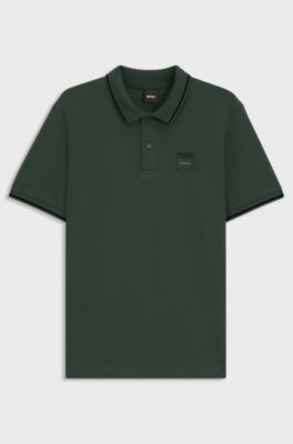 Polo da equitazione in cotone elasticizzato con toppa con logo, Verde scuro