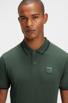 Polo da equitazione in cotone elasticizzato con toppa con logo, Verde scuro