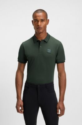 Polo da equitazione in cotone elasticizzato con toppa con logo, Verde scuro