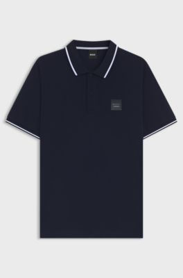 Equestrian stretch-cotton polo shirt with logo patch, Dark Blue