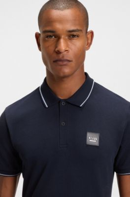 Equestrian stretch-cotton polo shirt with logo patch, Dark Blue