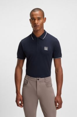 Equestrian stretch-cotton polo shirt with logo patch, Dark Blue