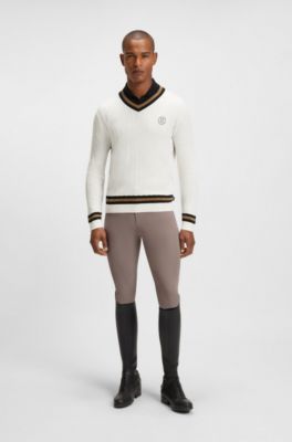 Equestrian cotton sweater with cable knit, White