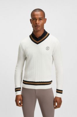Sweater til hestesport i kabelstrik af bomuld, Hvid