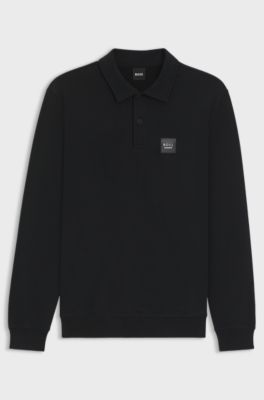 Gebreide polo voor ruiters met logopatch, van stretchkatoen, Zwart