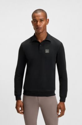 Gebreide polo voor ruiters met logopatch, van stretchkatoen, Zwart