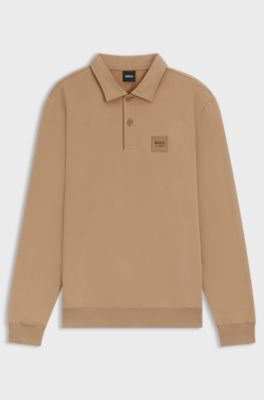 Equestrian stretch-cotton knit polo with logo patch, Beige