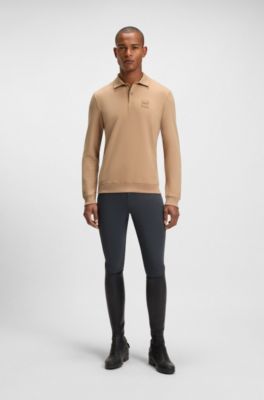 Equestrian stretch-cotton knit polo with logo patch, Beige