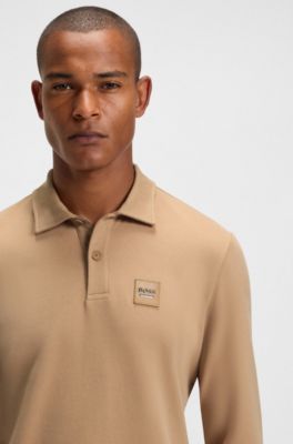 Equestrian stretch-cotton knit polo with logo patch, Beige