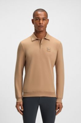 Equestrian stretch-cotton knit polo with logo patch, Beige