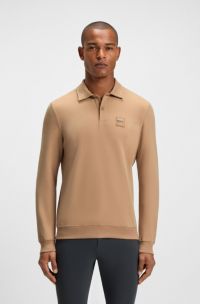 Equestrian stretch-cotton knit polo with logo patch, Beige