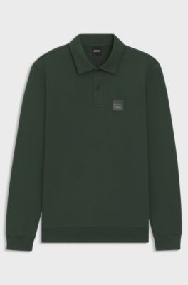 Equestrian stretch-cotton knit polo with logo patch, Dark Green