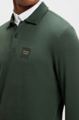 Equestrian stretch-cotton knit polo with logo patch, Dark Green