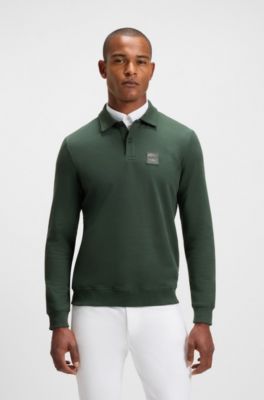 Equestrian stretch-cotton knit polo with logo patch, Dark Green