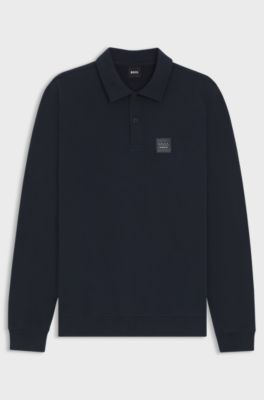 Equestrian stretch-cotton knit polo with logo patch, Dark Blue
