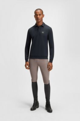 Equestrian stretch-cotton knit polo with logo patch, Dark Blue