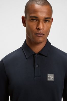 Equestrian stretch-cotton knit polo with logo patch, Dark Blue