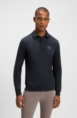 Equestrian stretch-cotton knit polo with logo patch, Dark Blue