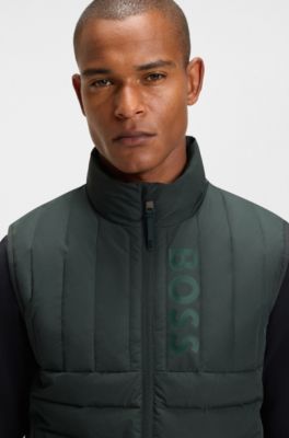 Equestrian waterproof gilet with vertical logo print, Donkergroen