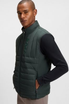 Equestrian waterproof gilet with vertical logo print, Donkergroen