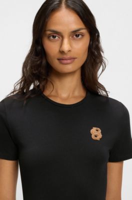 Rytterinspireret T-shirt i bomuld med str&aelig;k og dobbelt B-monogram, Sort