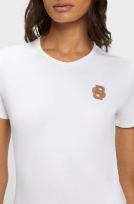Rytterinspireret T-shirt i bomuld med str&aelig;k og dobbelt B-monogram, Hvid