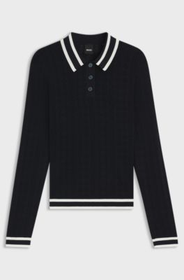 Equestrian ajour-knit polo with logo patch, Donkerblauw