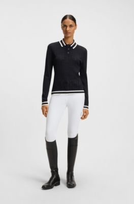 Equestrian ajour-knit polo with logo patch, Dark Blue