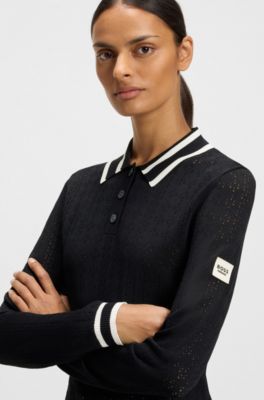 Equestrian ajour-knit polo with logo patch, Dark Blue