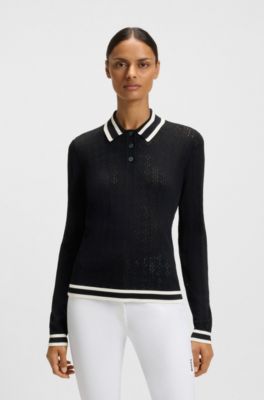 Equestrian ajour-knit polo with logo patch, Donkerblauw