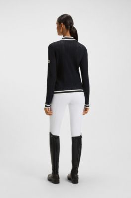 Equestrian ajour-knit polo with logo patch, Donkerblauw