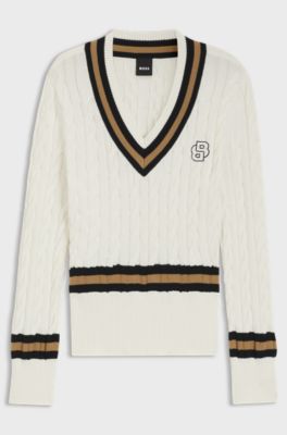 Equestrian cotton sweater with cable-knit structure, White