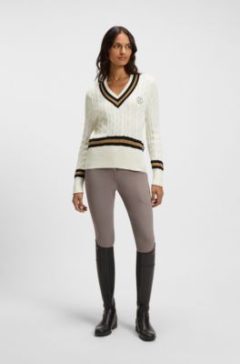 Equestrian cotton sweater with cable-knit structure, White