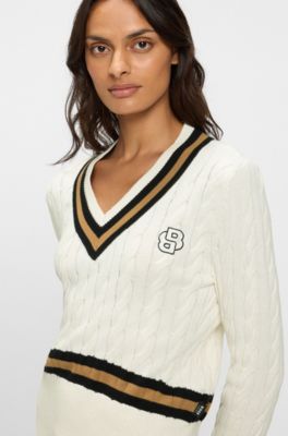 Equestrian cotton sweater with cable-knit structure, White