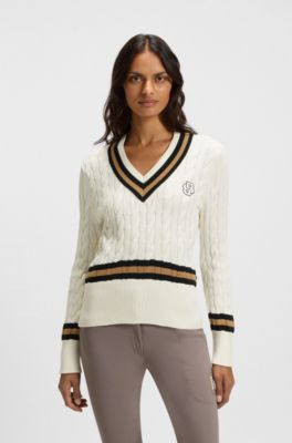 Equestrian cotton sweater with cable-knit structure, Natural