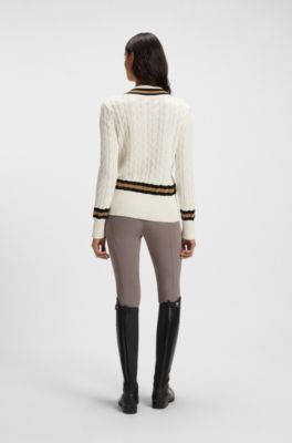 Equestrian cotton sweater with cable-knit structure, White