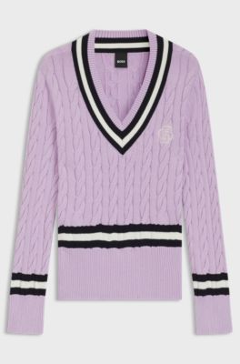 Equestrian cotton sweater with cable-knit structure, Light Purple