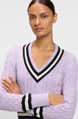 Equestrian cotton sweater with cable-knit structure, Light Purple