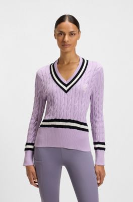 Equestrian cotton sweater with cable-knit structure, Light Purple