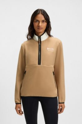 Equestrian stretch-cotton sweatshirt with quarter zip, Beige