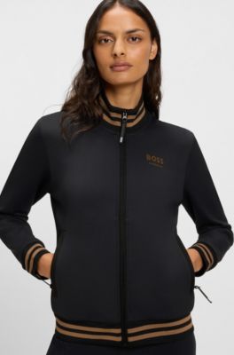 Equestrian zip cardigan with stripe trims, Black