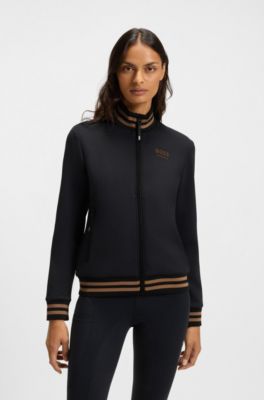 Equestrian zip cardigan with stripe trims, Black